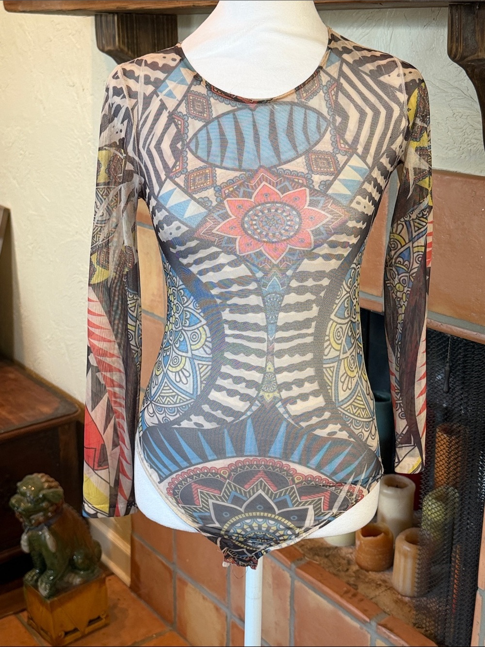 Cherry Mellow Multicolor Printed Long-Sleeve Mesh Bodysuit, size S